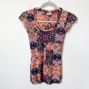 Sweet Pea Stacy Frati Y2K Mesh Floral Orange SS Top Boho 90s Small Phoebe
